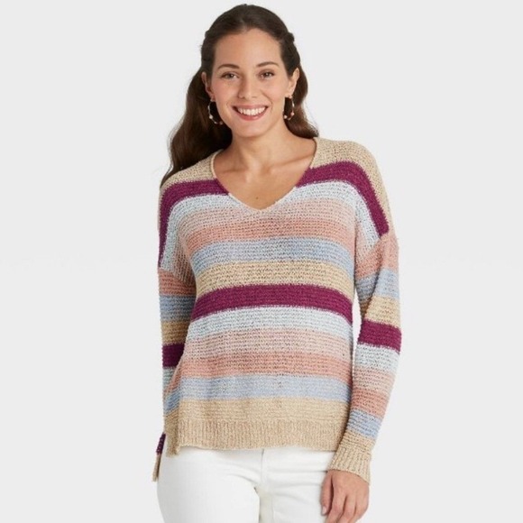 KNOX ROSE Striped V-Neck Pullover Sweater, Small - Picture 1 of 7